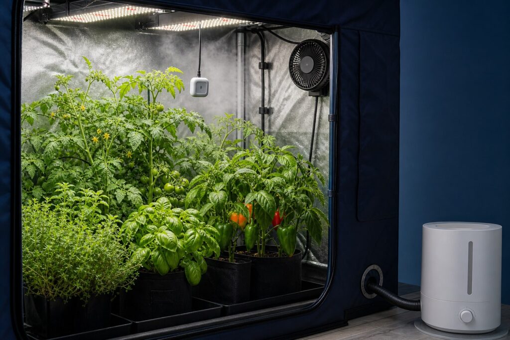Luchtbevochtiger met verdeelslang bij een kweektent met groenteplanten